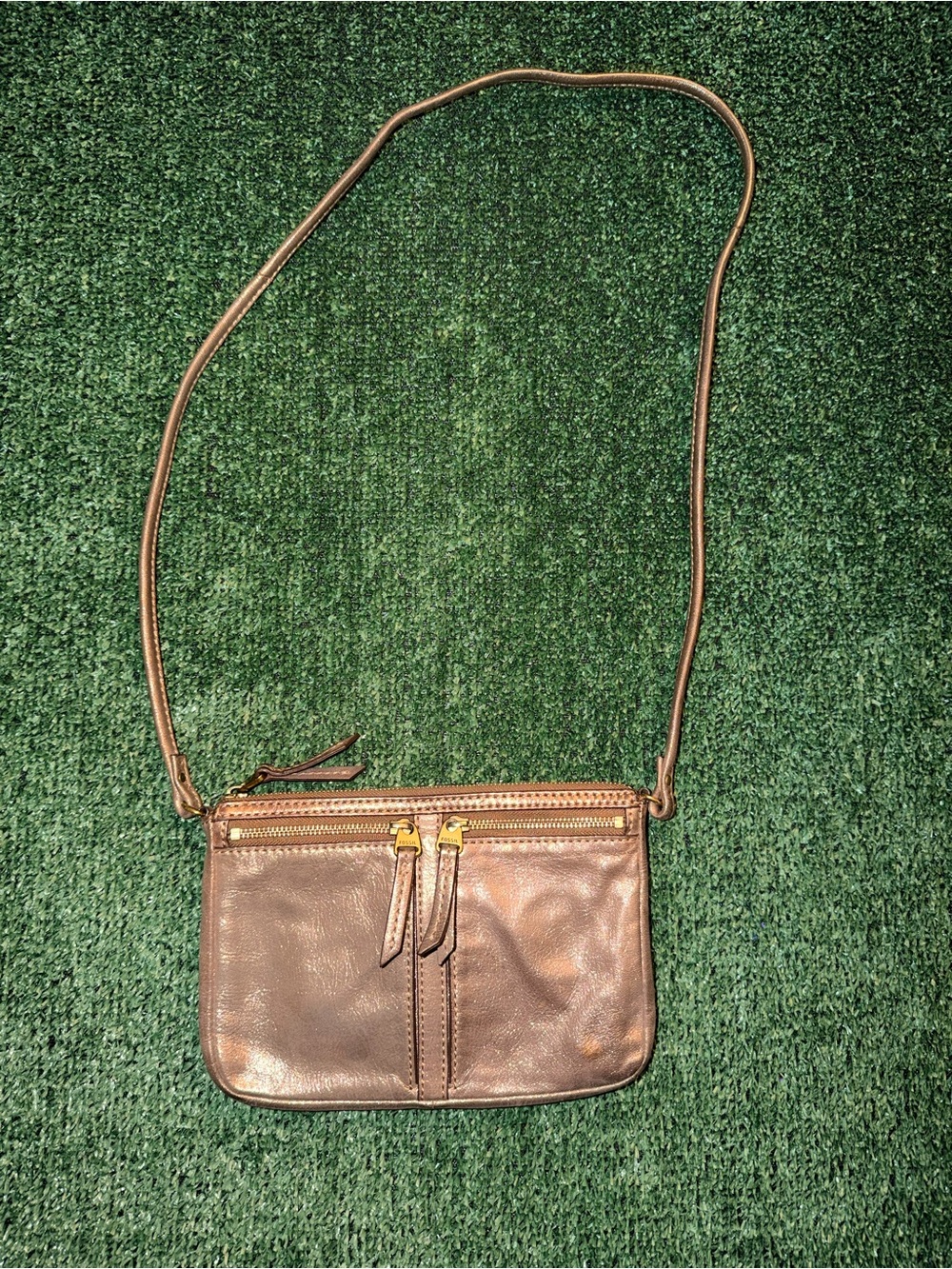 Fossil Erin Small Top Zip Leather Crossbody Bag – Metallic Copper / Rose Gold